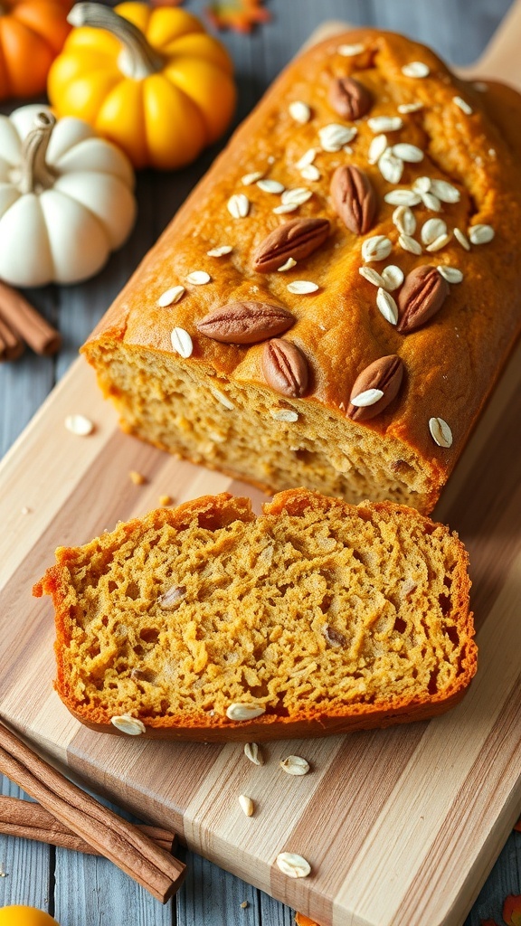 Pumpkin Oat Bread Recipe Sliced pumpkin oat bread on a wooden board with autumn decorations.